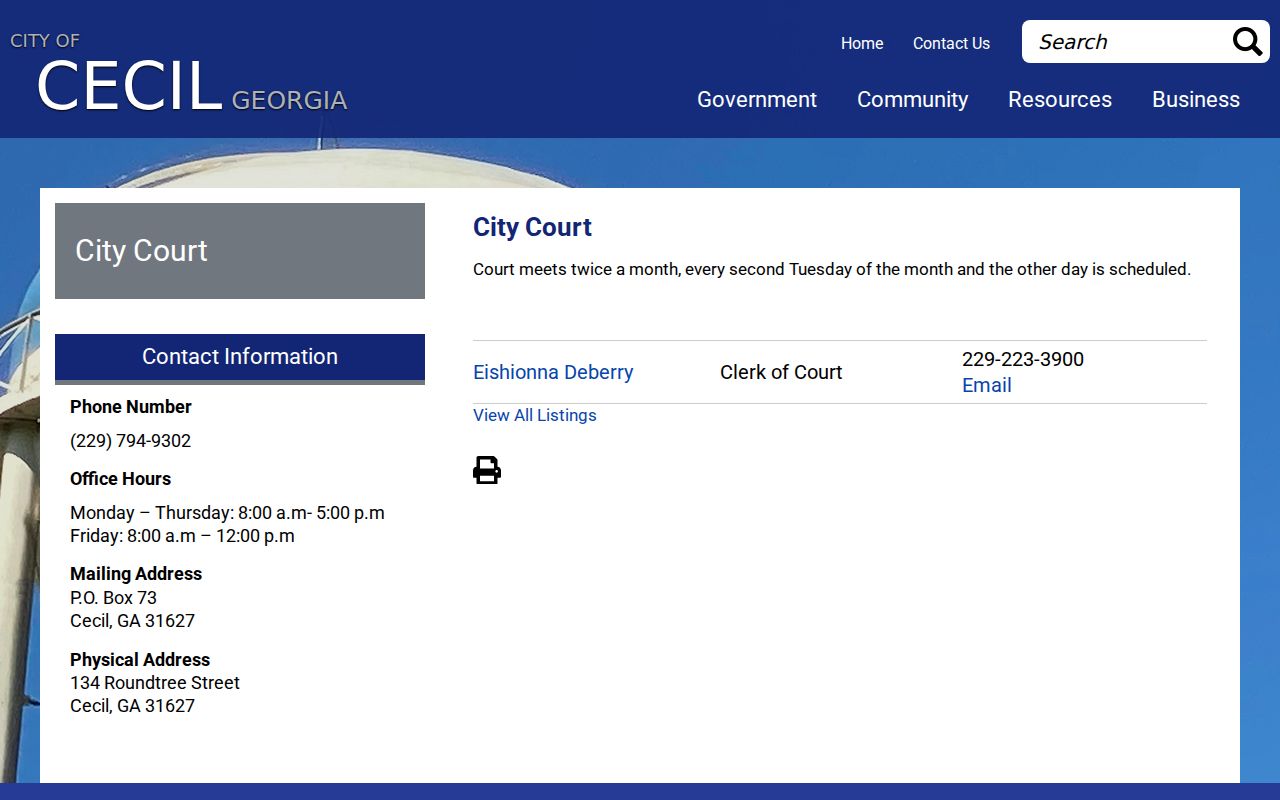 Cecil City Court schedule and contact information