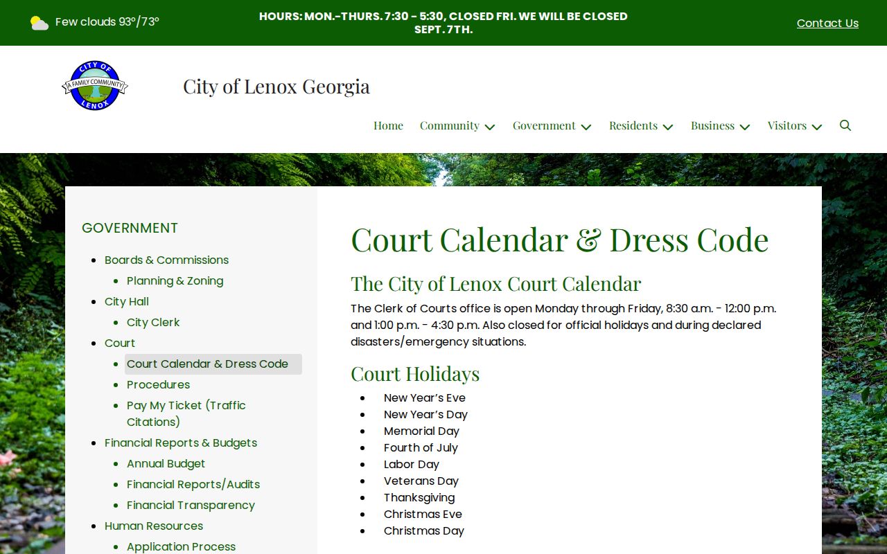 Lenox court calendar and Clerk of Courts office hours