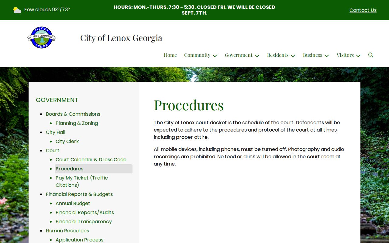 Lenox Municipal Court courtroom procedures and conduct rules