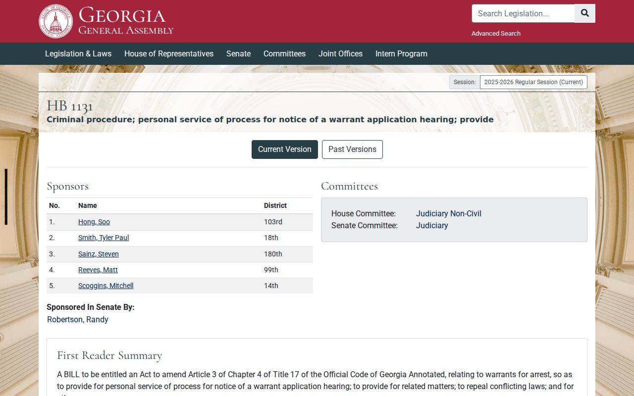 Georgia legislation page for the 2026 warrant application notice change